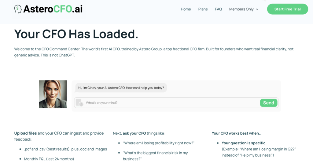 Astero CFO.ai dashboard showing AI CFO insights for founders”